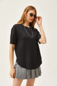 Olalook Women's Black Modal Touch Soft Textured Oval Bottom T-Shirt - Image 5