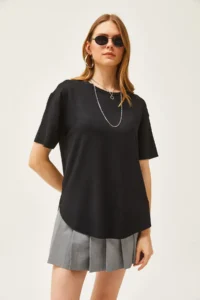 Olalook Women's Black Modal Touch Soft Textured Oval Bottom T-Shirt - Image 6
