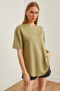 Olalook Women's Khaki Modal Touch Soft Textured Oval Bottom T-Shirt - Image 2