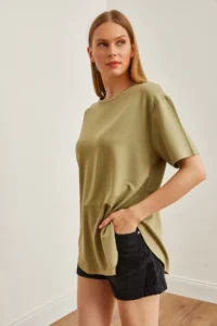 Olalook Women's Khaki Modal Touch Soft Textured Oval Bottom T-Shirt - Image 3