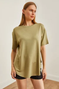 Olalook Women's Khaki Modal Touch Soft Textured Oval Bottom T-Shirt - Image 4