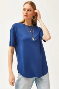 Olalook Women's Navy Blue Modal Touched Soft Textured Oval Bottom T-Shirt