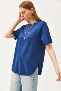Olalook Women's Navy Blue Modal Touched Soft Textured Oval Bottom T-Shirt - Image 2