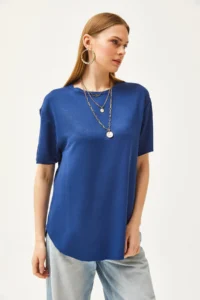 Olalook Women's Navy Blue Modal Touched Soft Textured Oval Bottom T-Shirt - Image 3