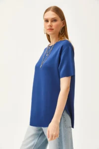 Olalook Women's Navy Blue Modal Touched Soft Textured Oval Bottom T-Shirt - Image 4