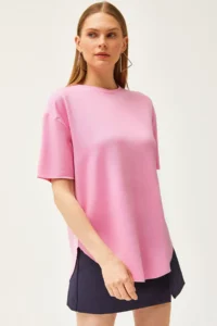 Olalook Women's Candy Pink Modal Touched Soft Textured Oval Bottom T-Shirt