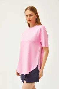 Olalook Women's Candy Pink Modal Touched Soft Textured Oval Bottom T-Shirt - Image 2