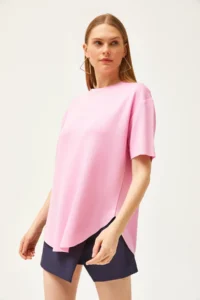 Olalook Women's Candy Pink Modal Touched Soft Textured Oval Bottom T-Shirt - Image 3