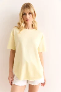Olalook Women's Yellow Modal Touch Soft Textured Oval Bottom T-Shirt - Image 2