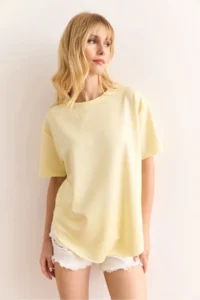 Olalook Women's Yellow Modal Touch Soft Textured Oval Bottom T-Shirt - Image 3