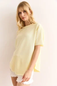 Olalook Women's Yellow Modal Touch Soft Textured Oval Bottom T-Shirt - Image 4