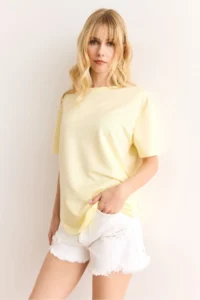 Olalook Women's Yellow Modal Touch Soft Textured Oval Bottom T-Shirt - Image 5