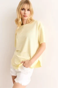 Olalook Women's Yellow Modal Touch Soft Textured Oval Bottom T-Shirt - Image 6