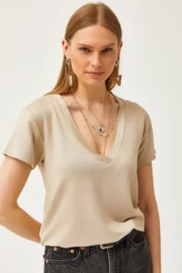 Olalook Women's Beige Deep V-Neck Modal T-Shirt
