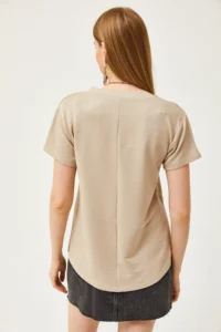 Olalook Women's Beige Deep V-Neck Modal T-Shirt - Image 2