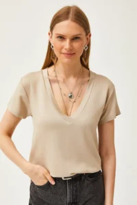 Olalook Women's Beige Deep V-Neck Modal T-Shirt - Image 3