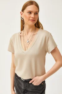 Olalook Women's Beige Deep V-Neck Modal T-Shirt - Image 4