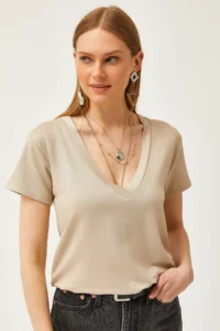 Olalook Women's Beige Deep V-Neck Modal T-Shirt - Image 5