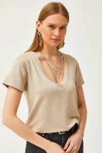 Olalook Women's Beige Deep V-Neck Modal T-Shirt - Image 6