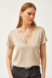 Olalook Women's Beige Deep V-Neck Modal T-Shirt - Image 7
