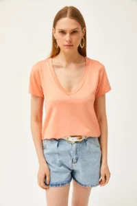 Olalook Women's Peach Deep V-Neck Modal T-Shirt - Image 2