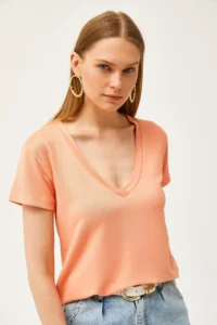 Olalook Women's Peach Deep V-Neck Modal T-Shirt - Image 3