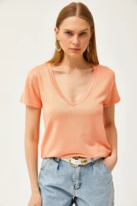 Olalook Women's Peach Deep V-Neck Modal T-Shirt - Image 4