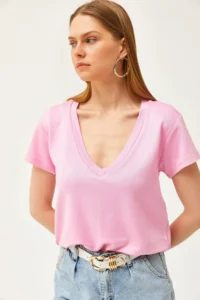 Olalook Women's Candy Pink Deep V-Neck Modal T-Shirt - Image 2