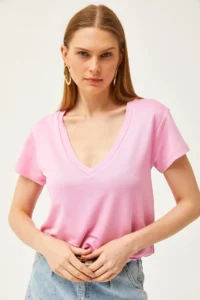 Olalook Women's Candy Pink Deep V-Neck Modal T-Shirt - Image 3
