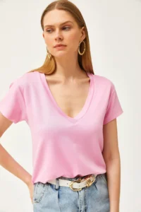 Olalook Women's Candy Pink Deep V-Neck Modal T-Shirt - Image 4