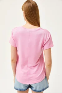 Olalook Women's Candy Pink Deep V-Neck Modal T-Shirt - Image 5