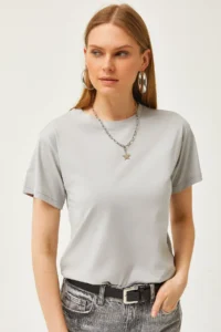 Olalook Women's Yunus Gray Crew Neck Basic T-Shirt