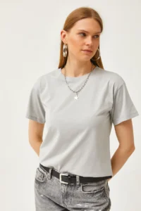 Olalook Women's Yunus Gray Crew Neck Basic T-Shirt - Image 2