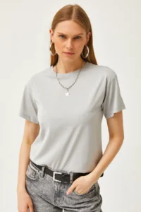 Olalook Women's Yunus Gray Crew Neck Basic T-Shirt - Image 3