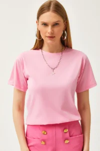Olalook Women's Pink Crew Neck Basic T-Shirt