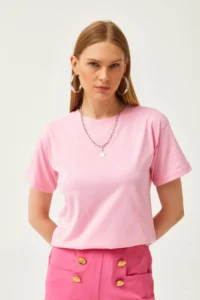 Olalook Women's Pink Crew Neck Basic T-Shirt - Image 2