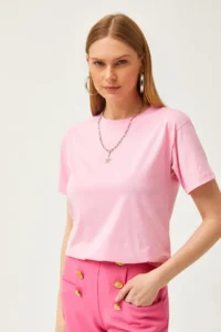 Olalook Women's Pink Crew Neck Basic T-Shirt - Image 4