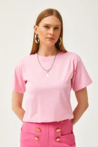 Olalook Women's Pink Crew Neck Basic T-Shirt - Image 5