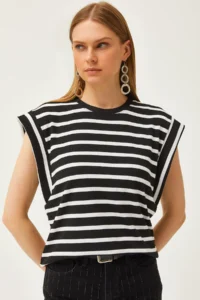 Olalook Women's Black Underarm Piece Striped Lycra T-Shirt