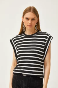 Olalook Women's Black Underarm Piece Striped Lycra T-Shirt - Image 2