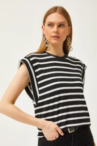 Olalook Women's Black Underarm Piece Striped Lycra T-Shirt - Image 3