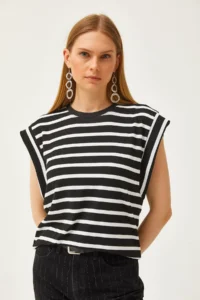 Olalook Women's Black Underarm Piece Striped Lycra T-Shirt - Image 4