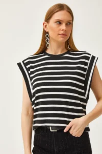 Olalook Women's Black Underarm Piece Striped Lycra T-Shirt - Image 5