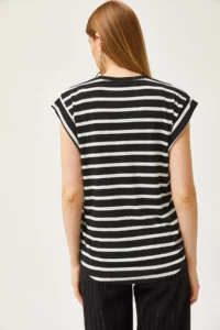 Olalook Women's Black Underarm Piece Striped Lycra T-Shirt - Image 7