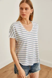 Olalook Women's Indigo V-Neck Striped Dirty Stitching Loose T-Shirt