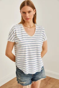 Olalook Women's Indigo V-Neck Striped Dirty Stitching Loose T-Shirt - Image 3