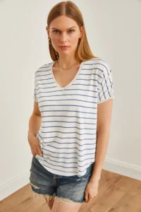 Olalook Women's Indigo V-Neck Striped Dirty Stitching Loose T-Shirt - Image 4