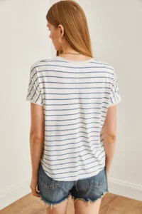 Olalook Women's Indigo V-Neck Striped Dirty Stitching Loose T-Shirt - Image 5