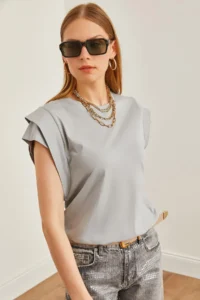 Olalook Women's Dolphin Gray Sleeve Detailed Cotton T-Shirt