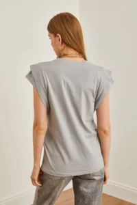 Olalook Women's Dolphin Gray Sleeve Detailed Cotton T-Shirt - Image 2
